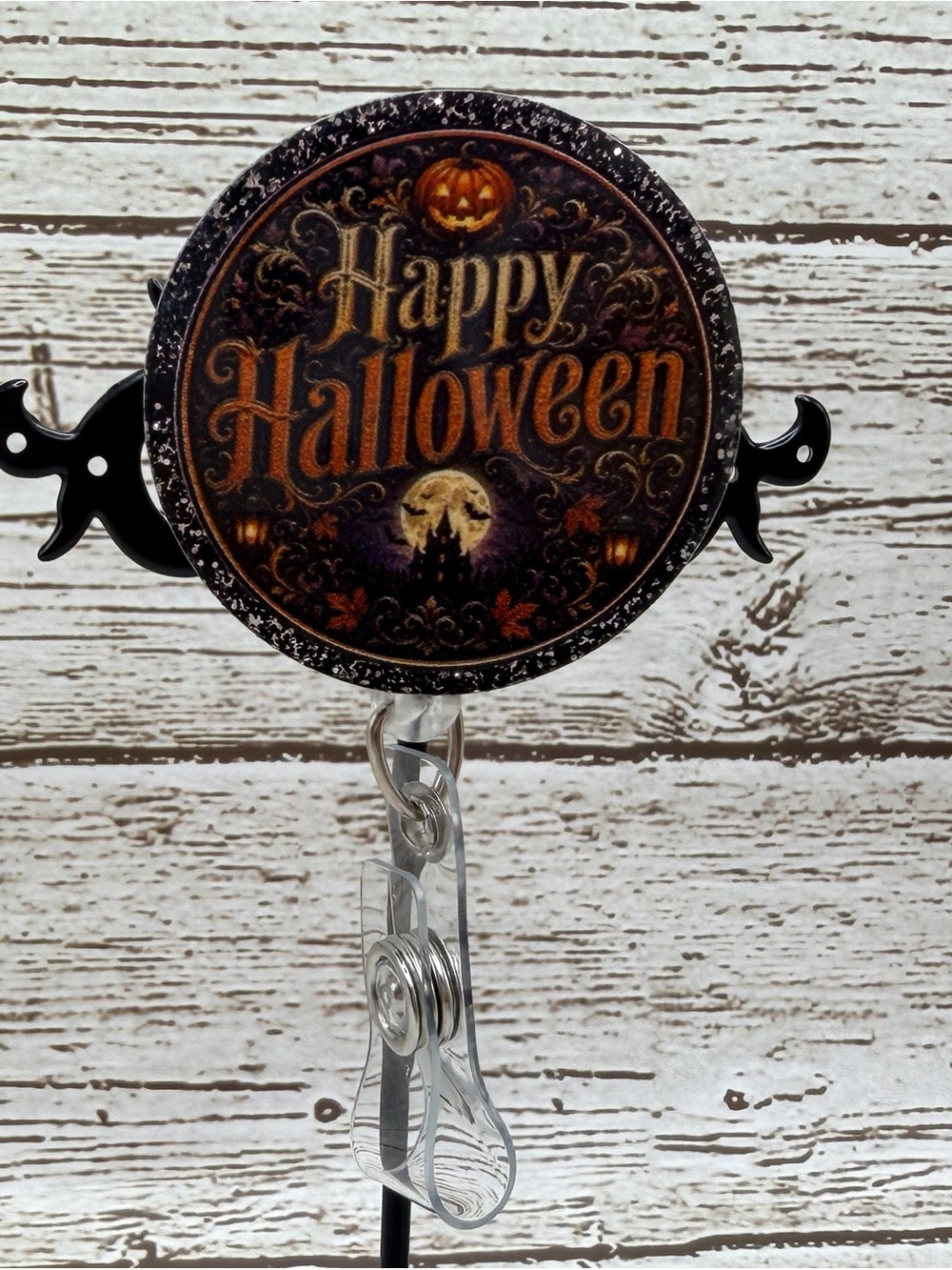 Happy Halloween Badge Reel Key & Card Holder - Orange and Black